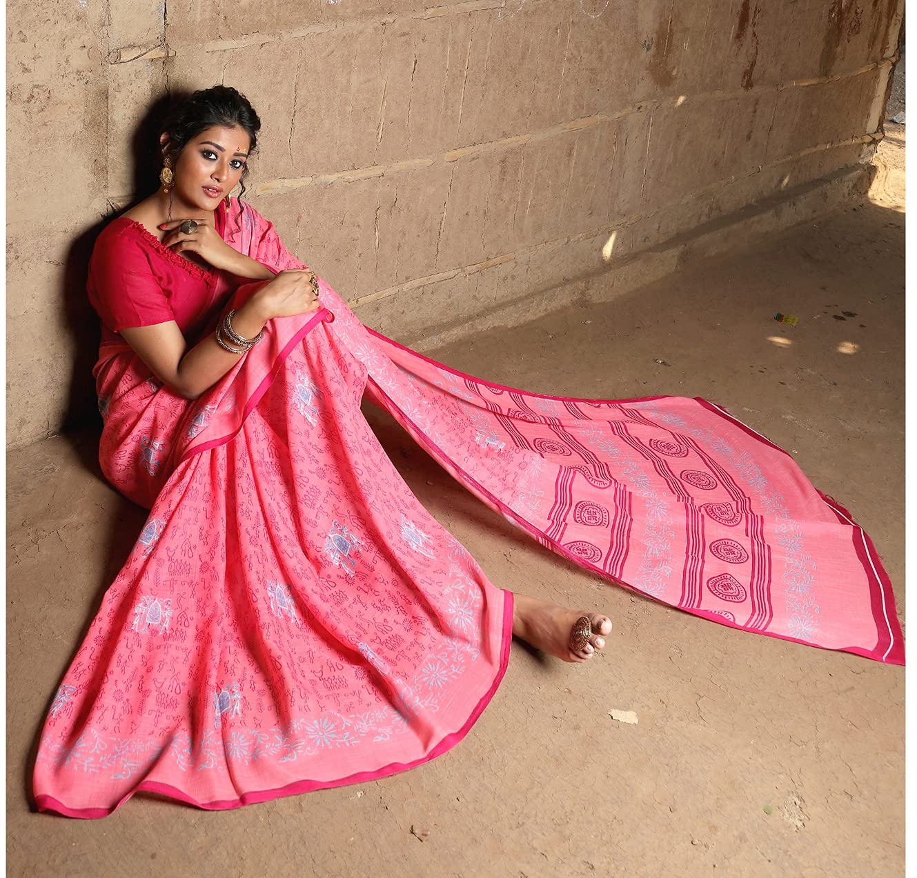 DRAVINAM Trends Women's Woven Pure Linen Printed Saree with Unstitced Printed Blouse Piece (Pink)