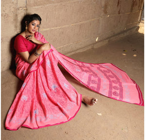 DRAVINAM Trends Women's Woven Pure Linen Printed Saree with Unstitced Printed Blouse Piece (Pink)