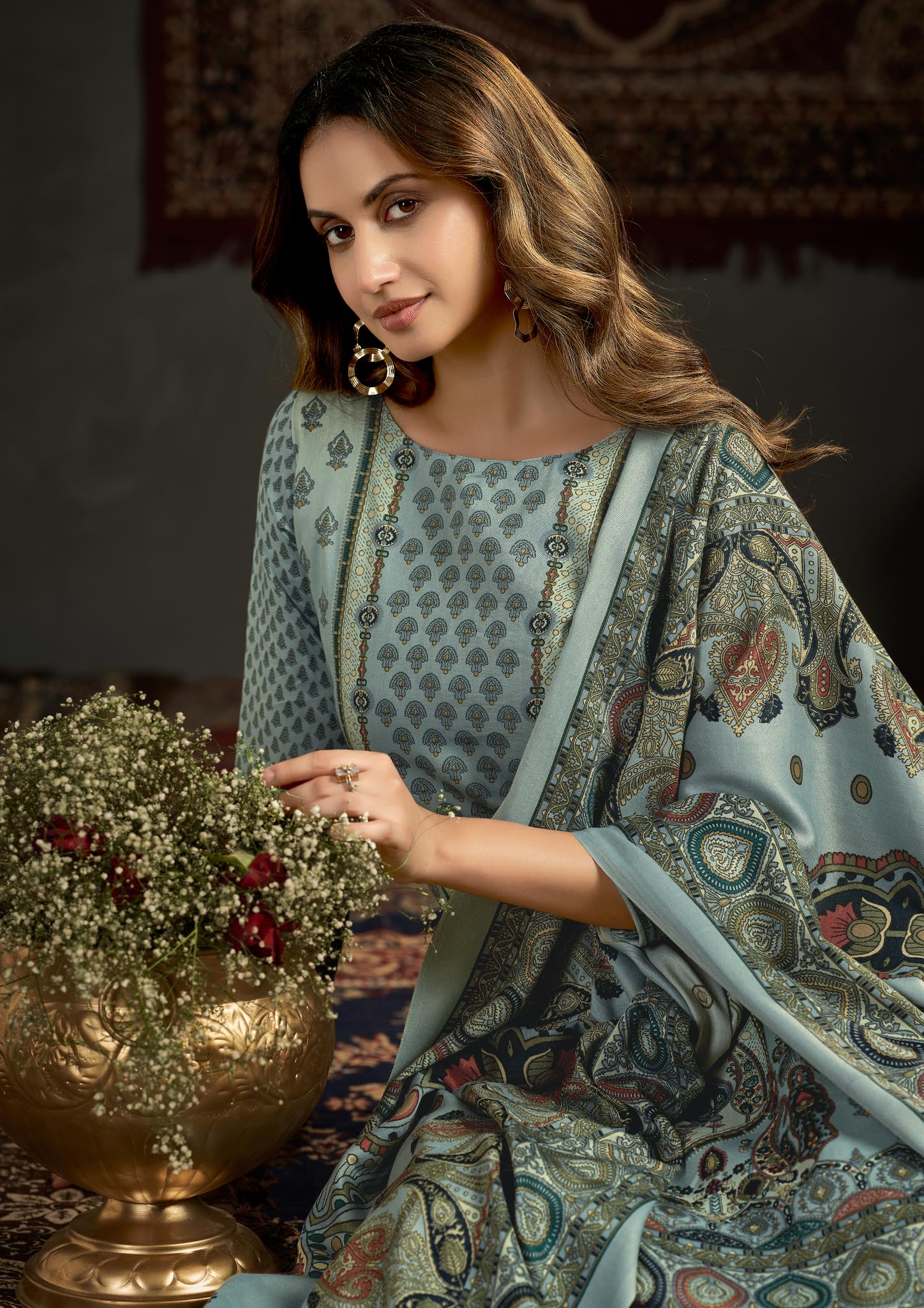 DRAVINAM Trends Women's Unstitched Kashmiri Print Woollen Pashmina Salwar Suit Dress Material with Pashmina Printed Shawl Dupatta (Free Size) (Grey)
