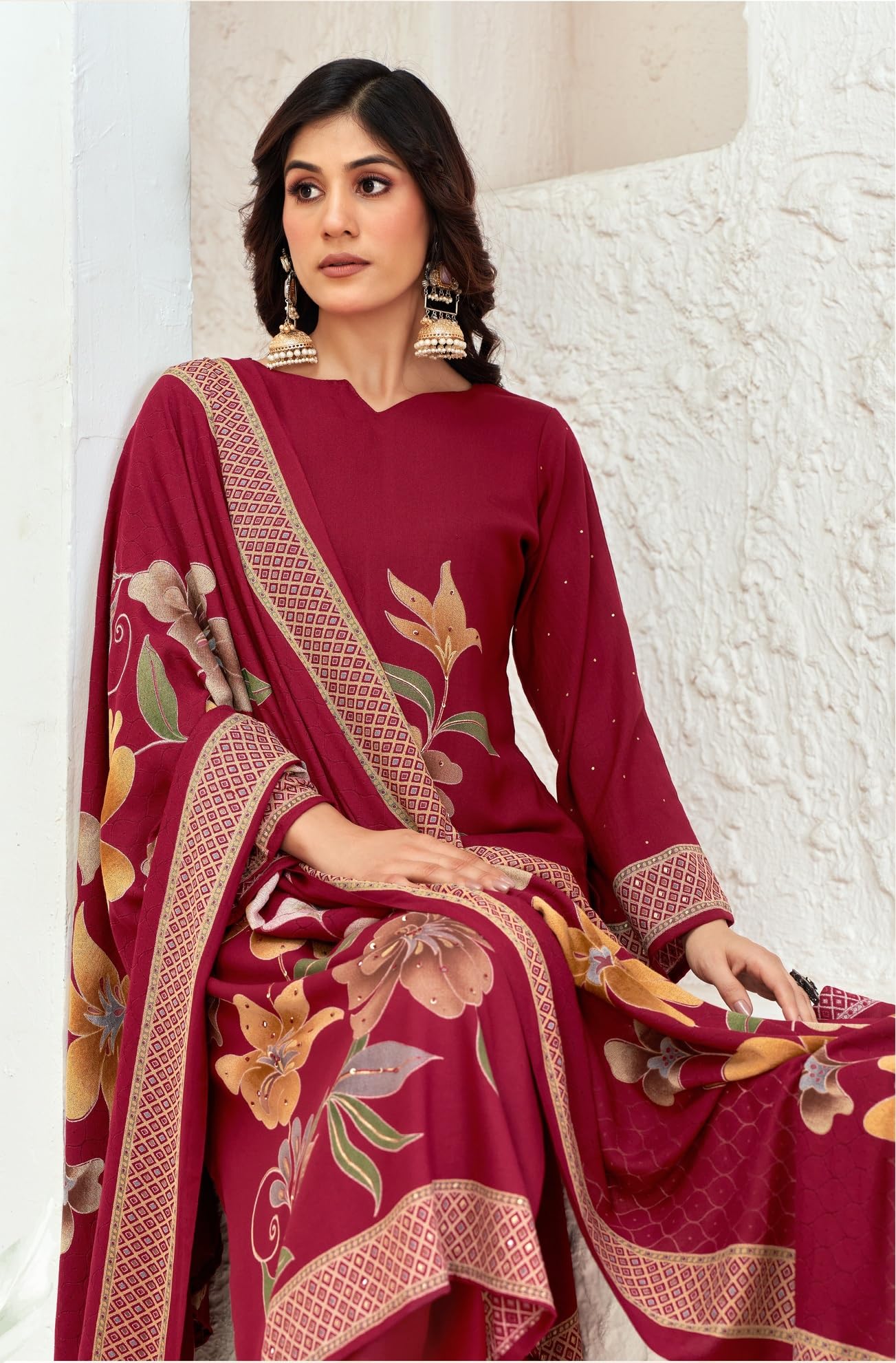 DRAVINAM Trends Complete Unstitch Pashmina Suit Set: Pure Viscose Pashmina Foil Print Top with Fancy Embroidery (2.5 m) II Solid Bottoms (2.8 m) II Digital Print Shawl Dupatta (2.25 m)