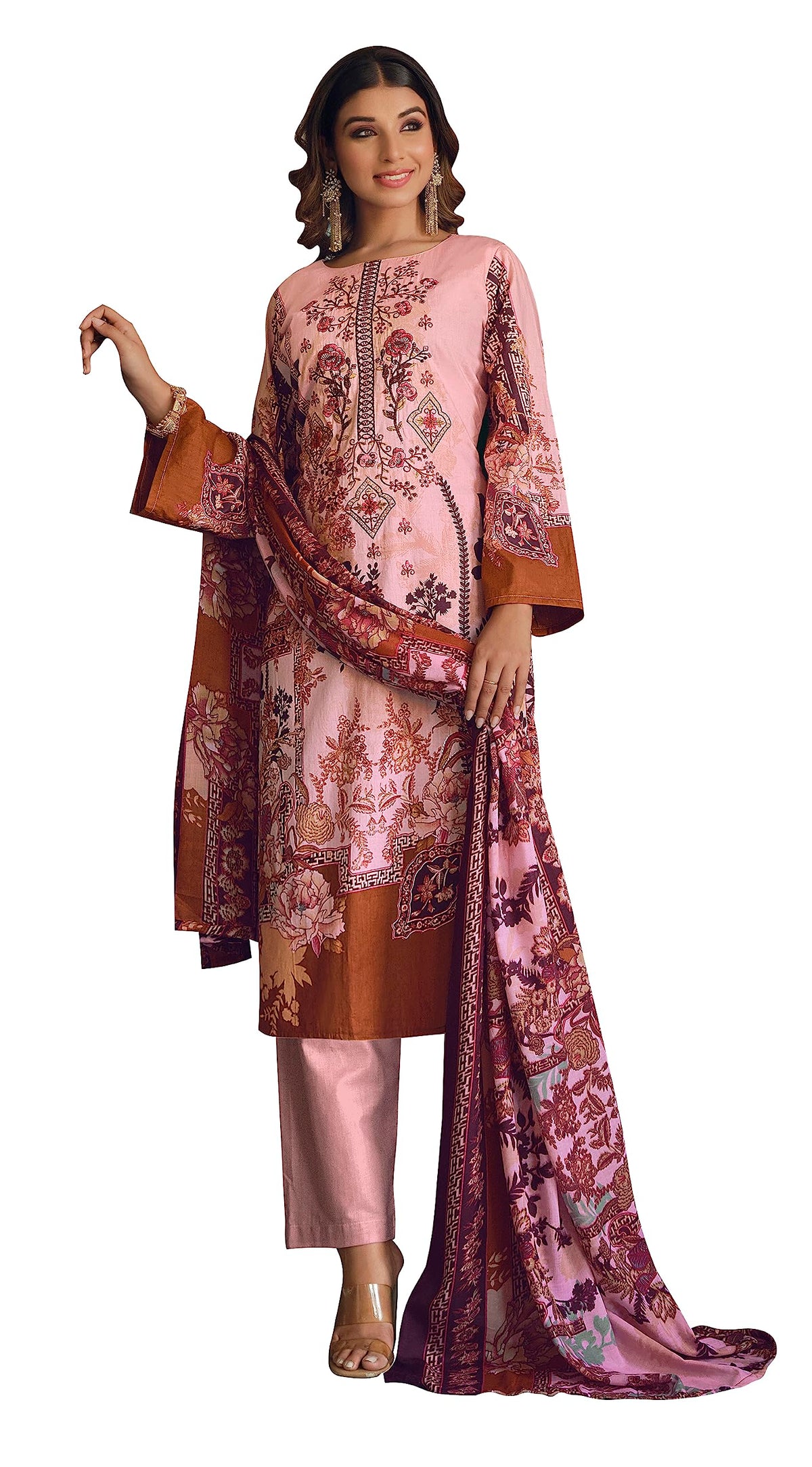 DRAVINAM Trends Women's Unstitched Print Embroidered Pure Cotton Pakistani Salwar Suit Dress Material with Cotton Printed Dupatta (Pink)