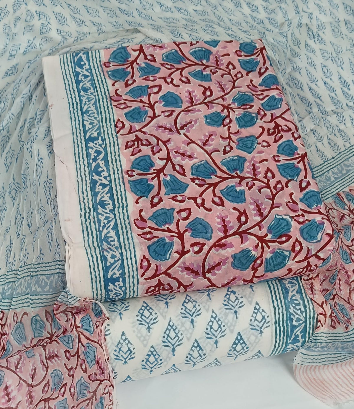 DRAVINAM Trends Hand Block Print Pure Cambric Cotton Unstitched Suit Material with Chiffon Hand Printed Dupatta