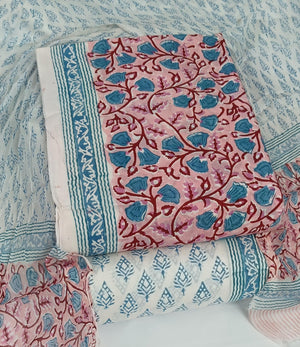 DRAVINAM Trends Hand Block Print Pure Cambric Cotton Unstitched Suit Material with Chiffon Hand Printed Dupatta