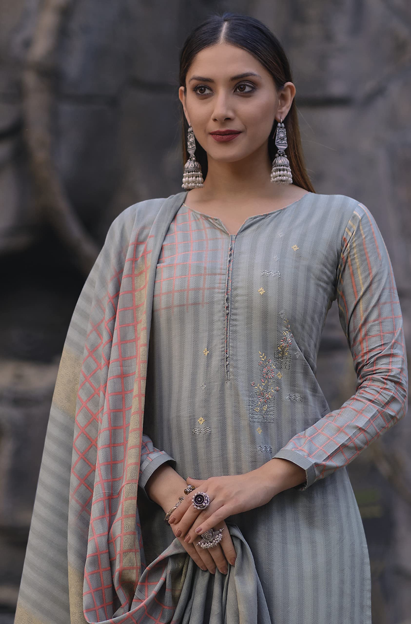 DRAVINAM Trends Women's Unstitched Embroidered Pure Cambric Cotton Salwar Suit Dress Material with Digital Printed Pure Mal Cotton Dupatta (Pink and Grey)