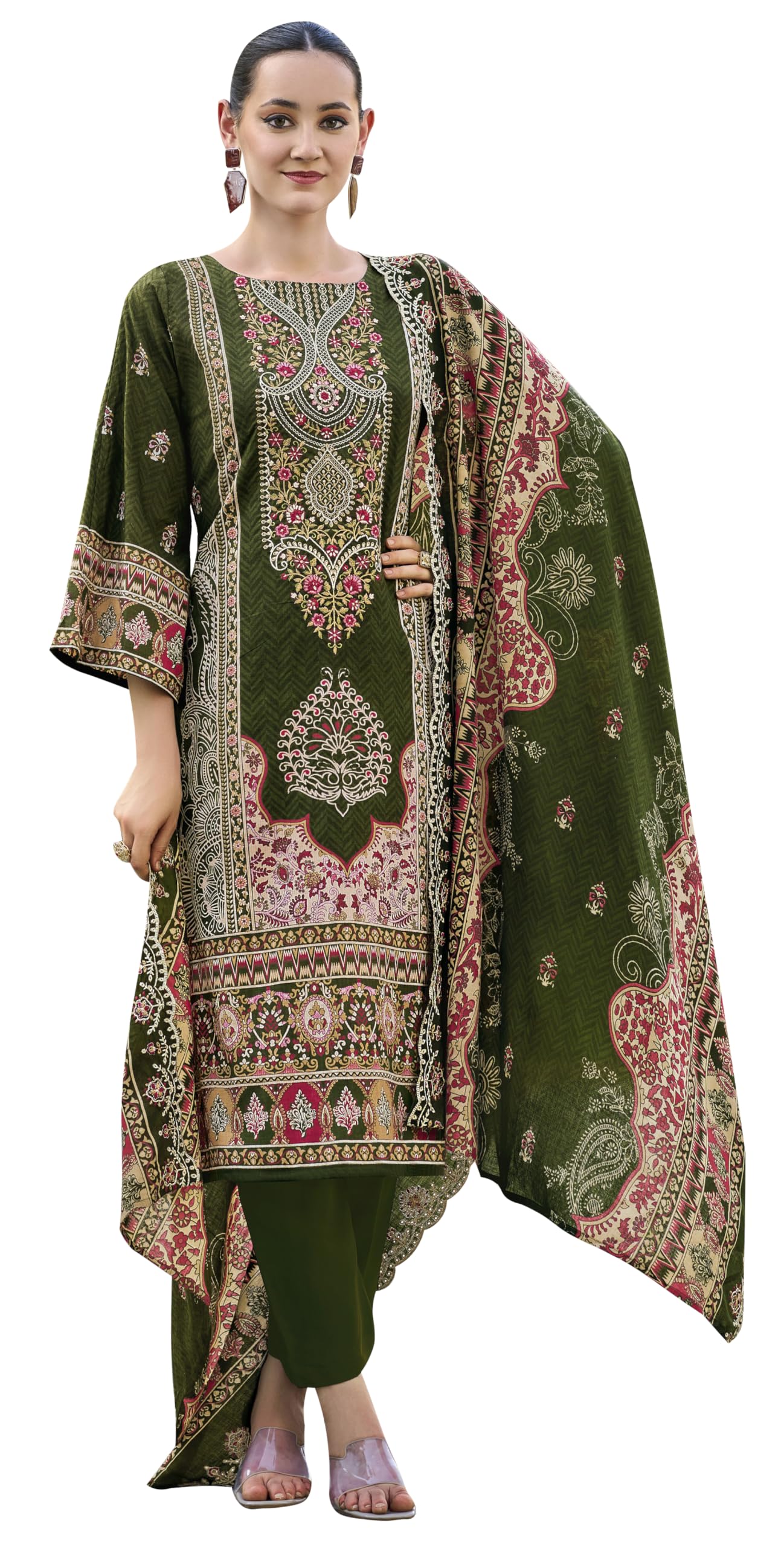 DRAVINAM Trends Women's Unstitched Pakistani Digital Print Embroidered Pure Cotton Salwar Suit Dress Materials with Cotton Embroidered Cutwork Dupatta