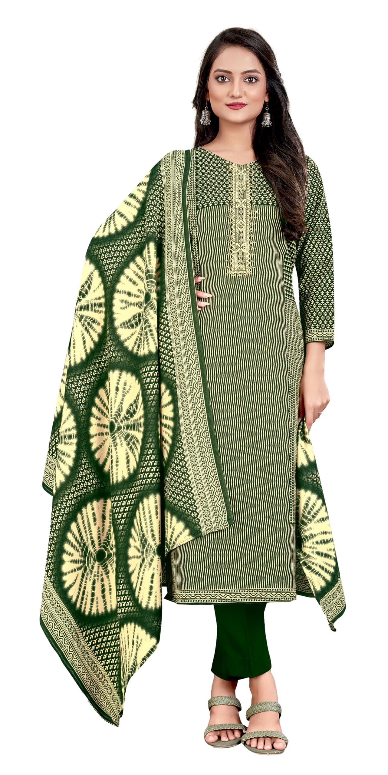 DRAVINAM Trends Women's Unstitched Kaani Print Fancy Work Spun Pashmina Winter wear Dress Material Fabric for Salwar Suit with printed spun pashmina Kashmiri shawl dupatta (Green)