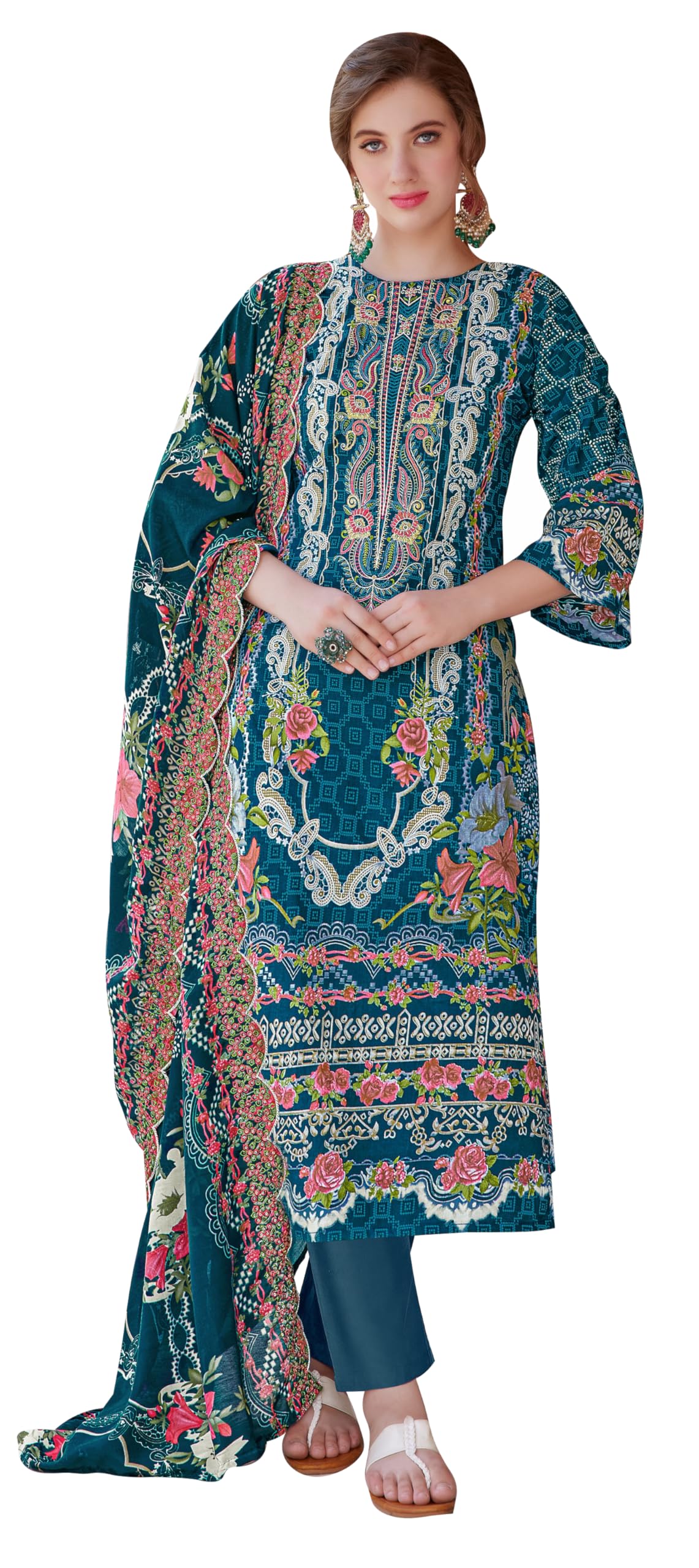 DRAVINAM Trends Women's Unstitched Pakistani Digital Print Embroidered Pure Cotton Salwar Suit Dress Materials with Cotton Embroidered Cutwork Dupatta