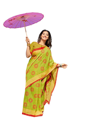 DRAVINAM Trends Women's Pure Linen Cotton Printed Saree with Blouse Piece (Light Green)