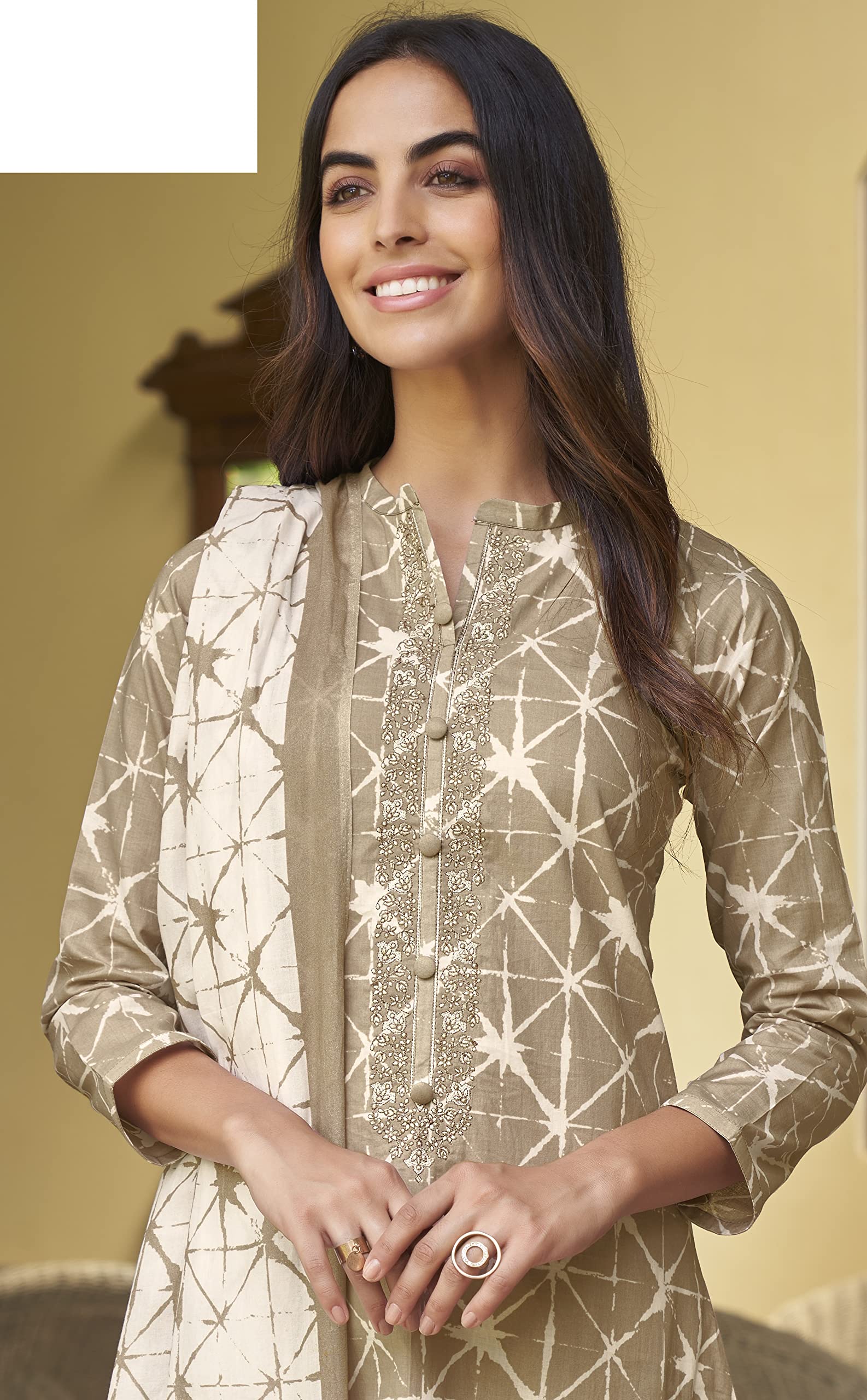 DRAVINAM Trends Women's Unstitched Dizital Geometric Print Pure Woollen Pashmina Salwar Kameez Dress Material with fancy work and Pure Pashmina Printed Shawl Dupatta (Free Size_Brown)