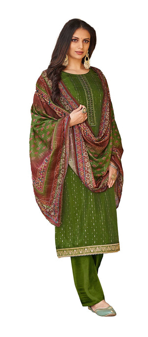 DRAVINAM Trends Women's Pure Viscose Upada Silk Hand and Sequence work Unstitched Salwar Suit Material with Pure Muslin Digital Print Sequence Dupatta (Free size_Green)