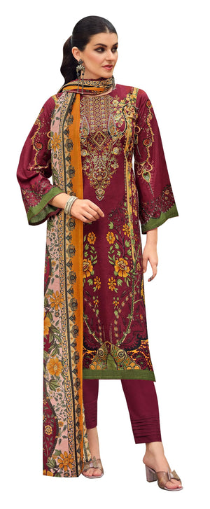DRAVINAM Trends Lawn Cotton Pakistani Embroidered Suit Dress Material with Unstitched Bottoms and Cotton Dupatta