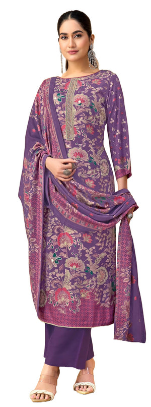 DRAVINAM Trends Women's Winter Wear Unstitched Discharge Print Hand Work Neck Embroidered Woollen Viscose Pashmina Salwar Suit Dress Material with Pashmina Printed Shawl Dupatta