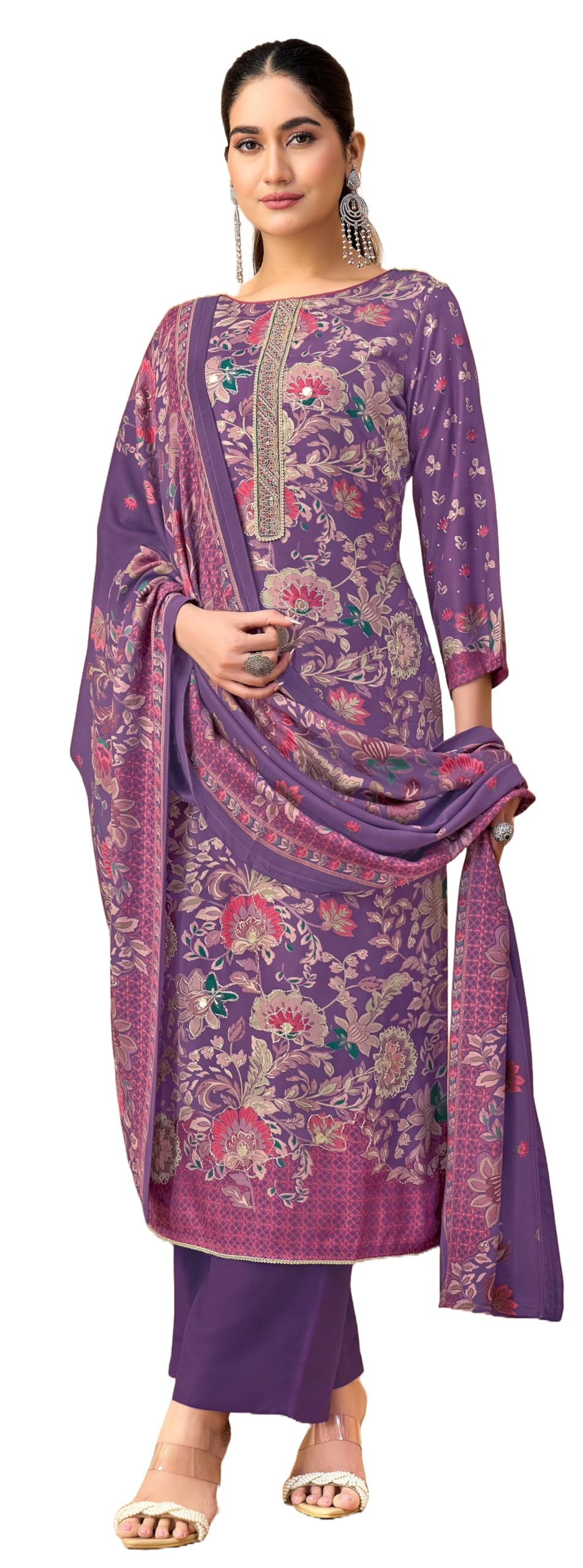 DRAVINAM Trends Women's Winter Wear Unstitched Discharge Print Hand Work Neck Embroidered Woollen Viscose Pashmina Salwar Suit Dress Material with Pashmina Printed Shawl Dupatta