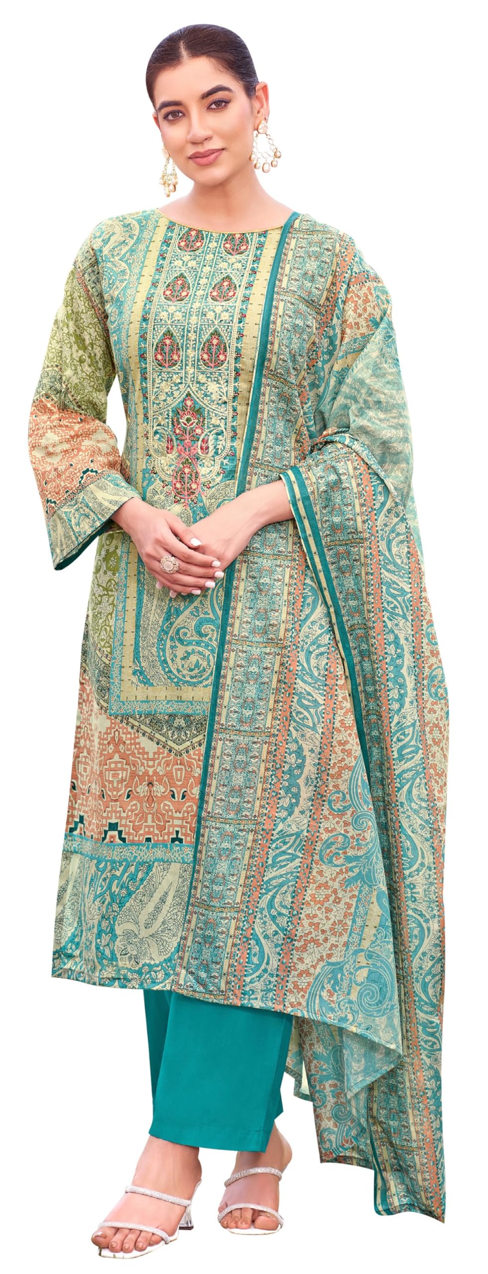 DRAVINAM Trends Women's Unstitched Salwar Suit Dress Material - Cotton Digital Printed Organza Embroidered Kameez II Unstitch Bottoms II Cotton Dupatta