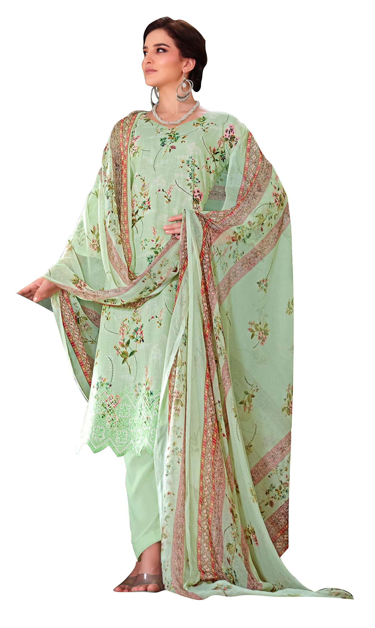 DRAVINAM Trends Unstitched Printed Embroidery Work Cotton Salwar Suits Dress Material with Chiffon Dupatta (Pink)
