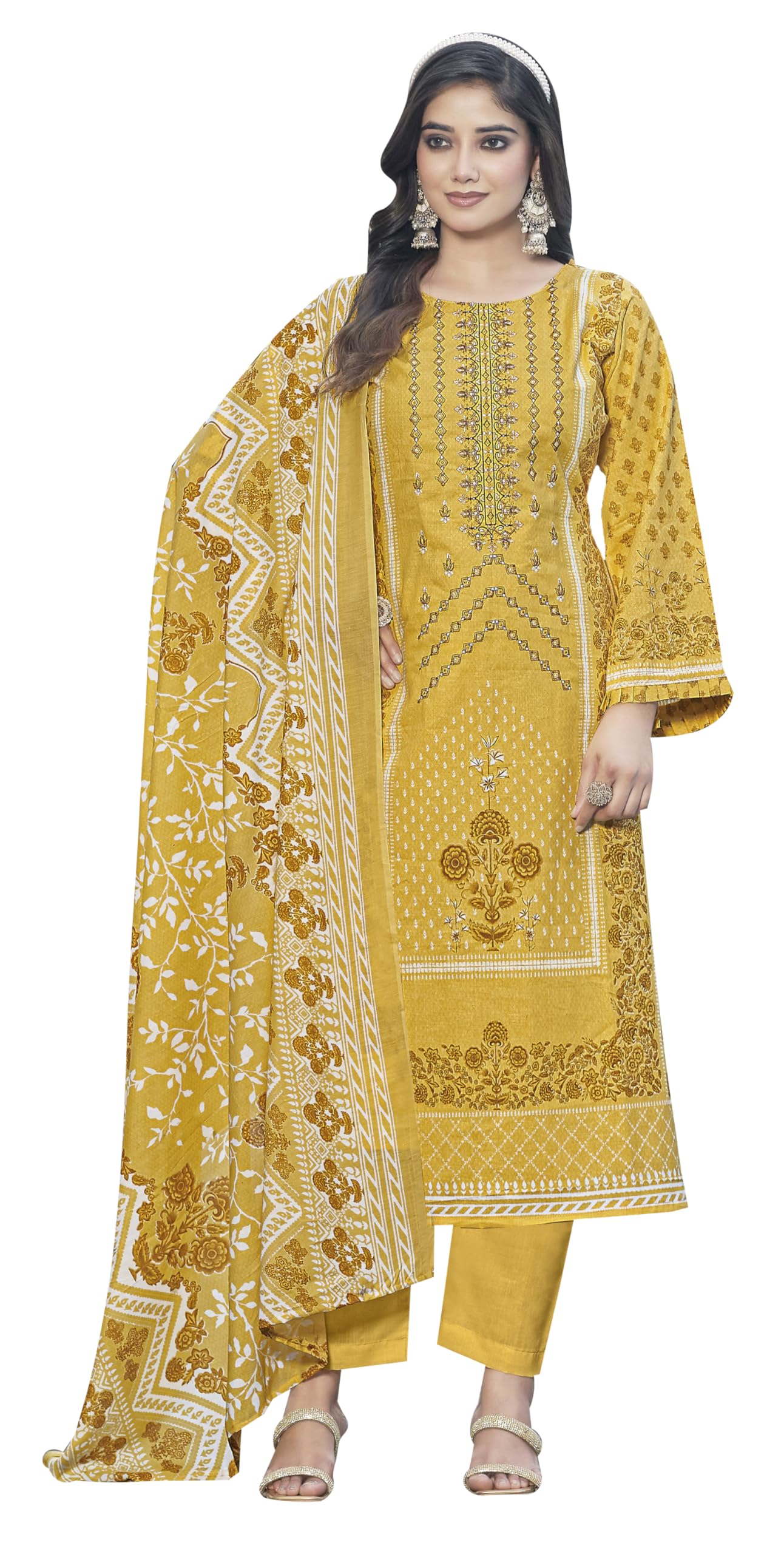 DRAVINAM Trends Women's Pure Lawn Cotton Pakistani Embroidered Suit Dress Material with Unstitched Bottoms and Cotton Dupatta