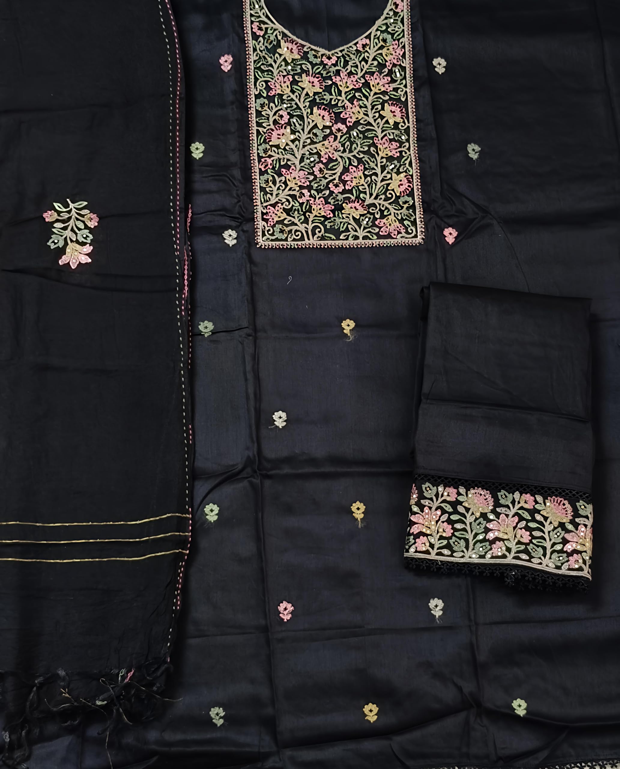 DRAVINAM Trends Women's Cotton Floral Printed Unstitched Suit Set with Embroidered Pin-Tuck Yoke & Soft Silk Dupatta
