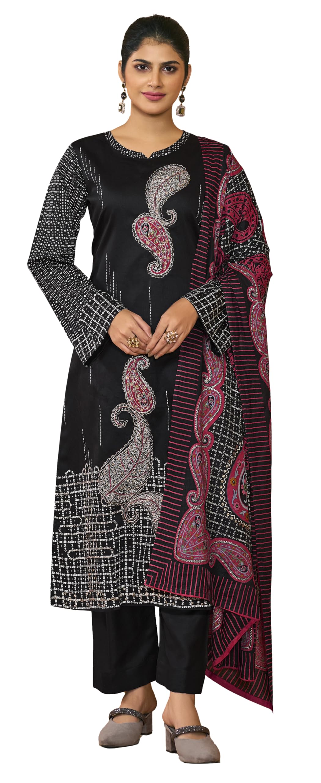 DRAVINAM Trends Women's Unstitched Salwar Suit Dress Material Pure Jam Silk Discharge Print Embroidered Hand Work Kameez Plain Unstitched Bottoms and Pure Lawn Digital Foil Print Dupatta