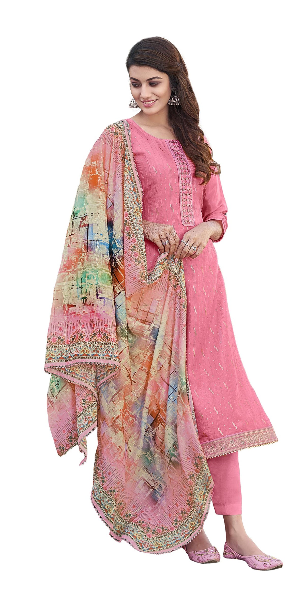 DRAVINAM Trends Women's Pure Viscose Upada Silk Sequence work Unstitched Salwar Suit Material with Pure Muslin Digital Print Sequence Dupatta (Free size_Pink)