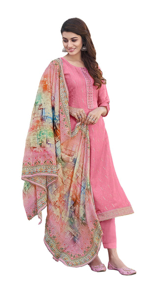DRAVINAM Trends Women's Pure Viscose Upada Silk Sequence work Unstitched Salwar Suit Material with Pure Muslin Digital Print Sequence Dupatta (Free size_Pink)