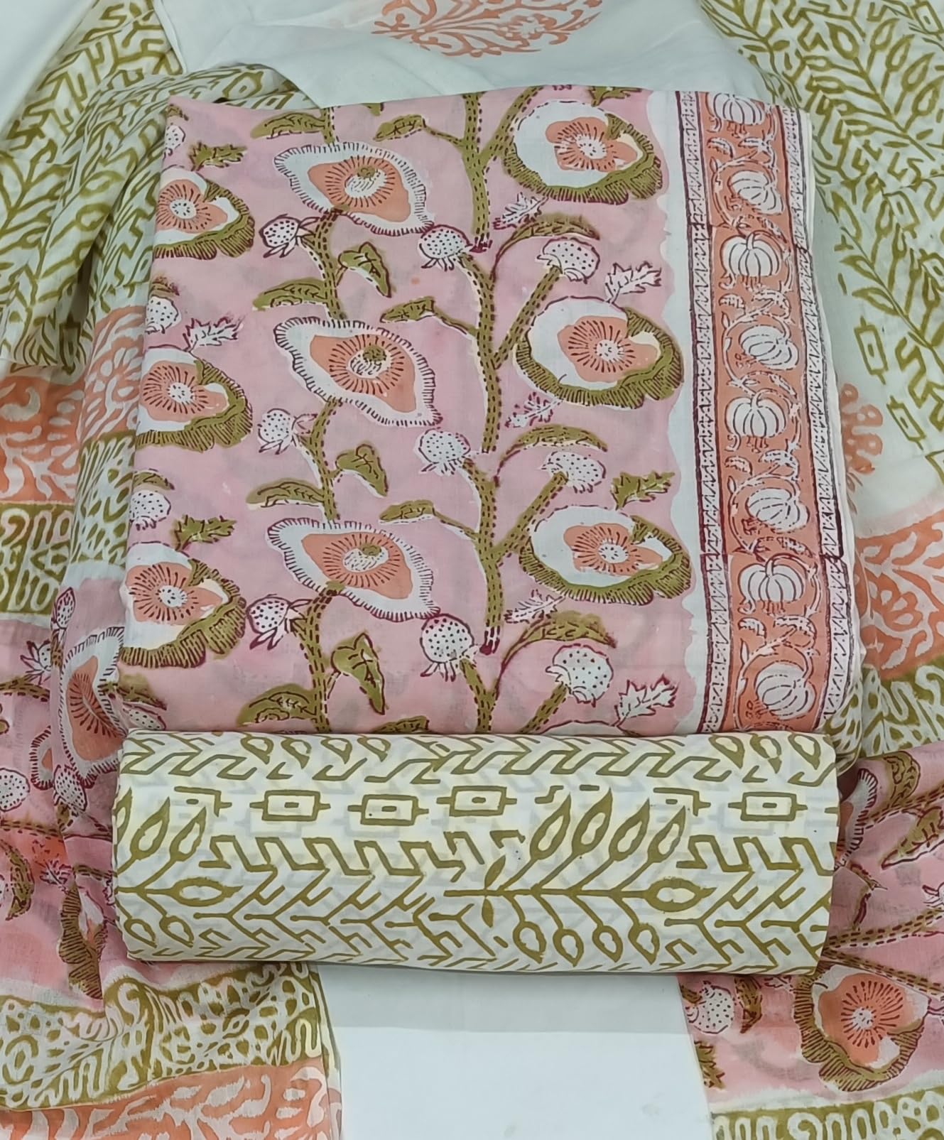 DRAVINAM Trends Hand Block Print Sanganeri Cambric Unstitched Cotton Suit Dress Material for Women with Mulmul Cotton Hand Printed Dupatta