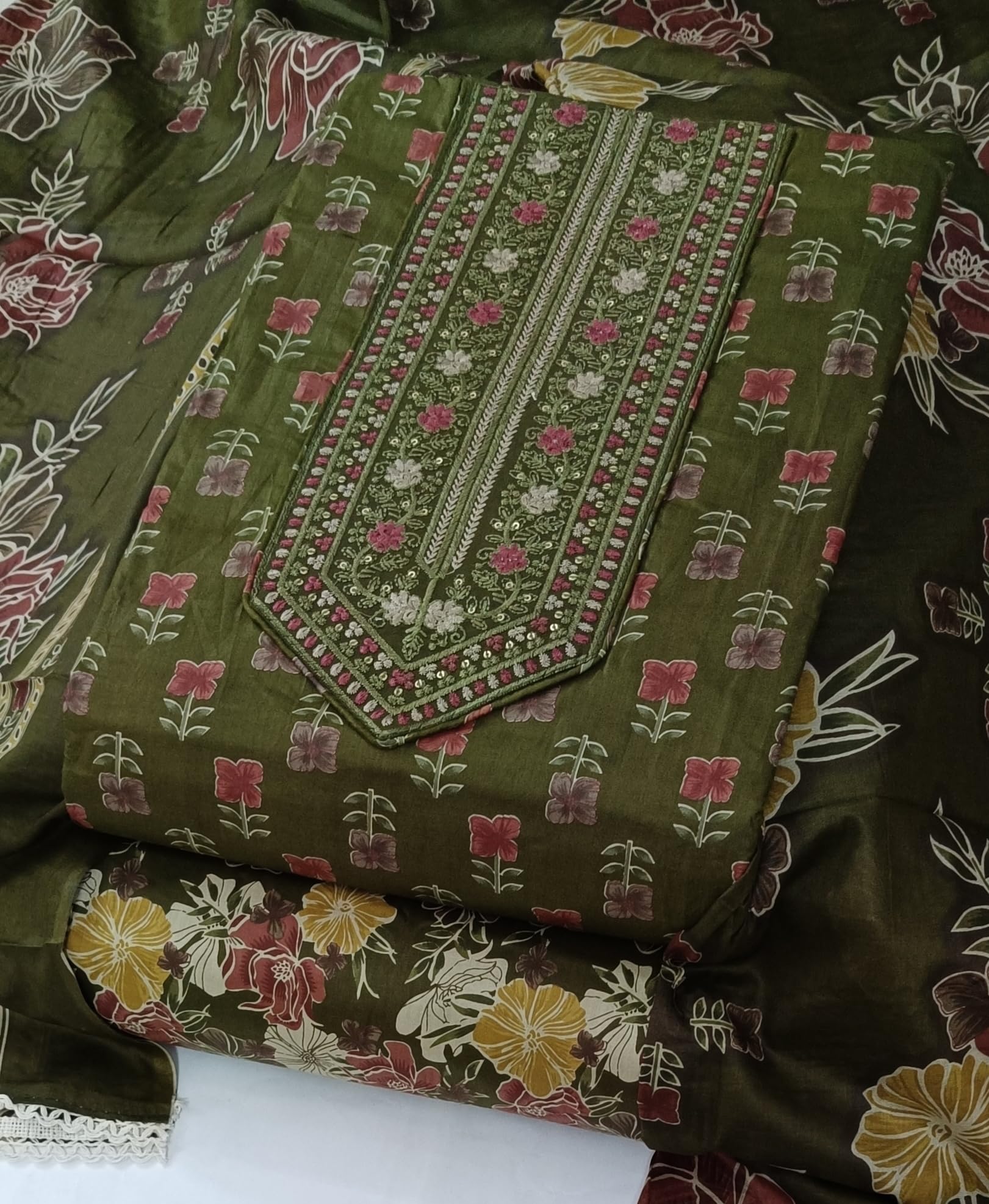DRAVINAM Trends Women's Printed Embroidered and Hand Work Premium Cotton Jaipuri Unstitched Salwar Suit Dress Material with Mulmul Cotton Dupatta