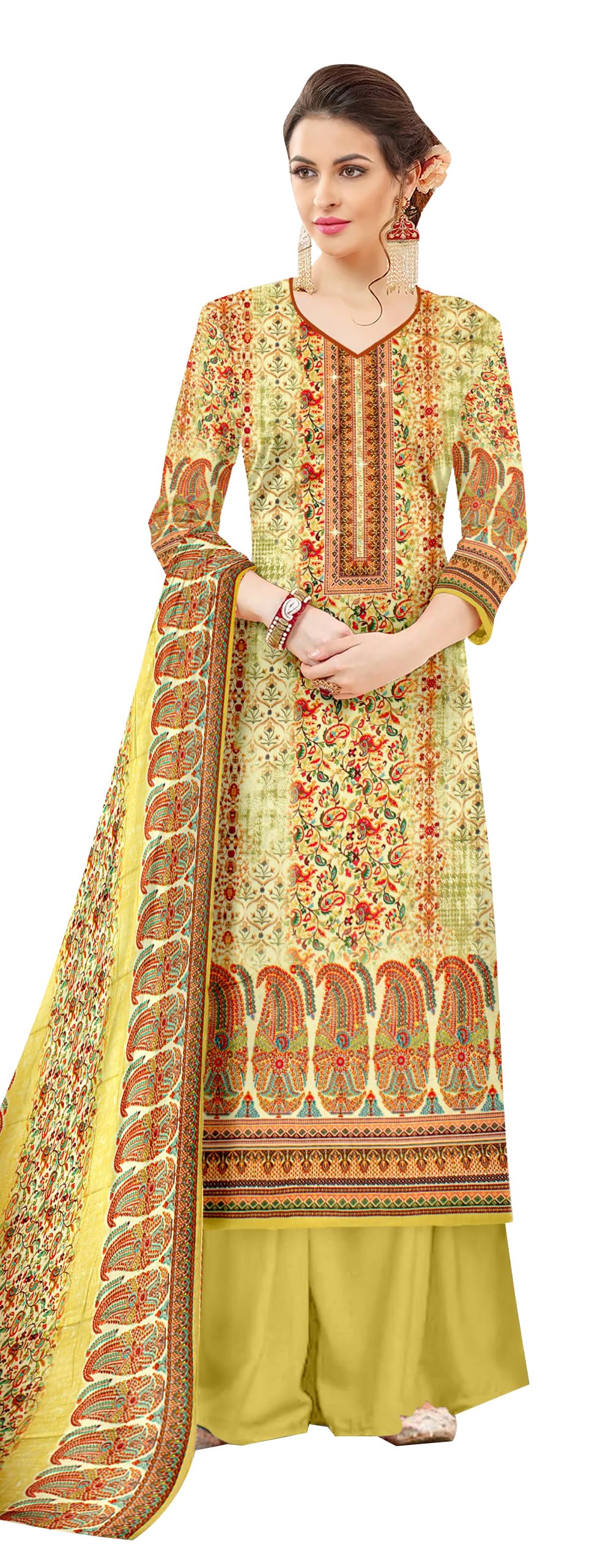 DRAVINAM Trends Pure Wool Pashmina Siroski Work Digital Printed Unstitched Salwar Suit Material with Pashmina Printed Shawl Dupatta