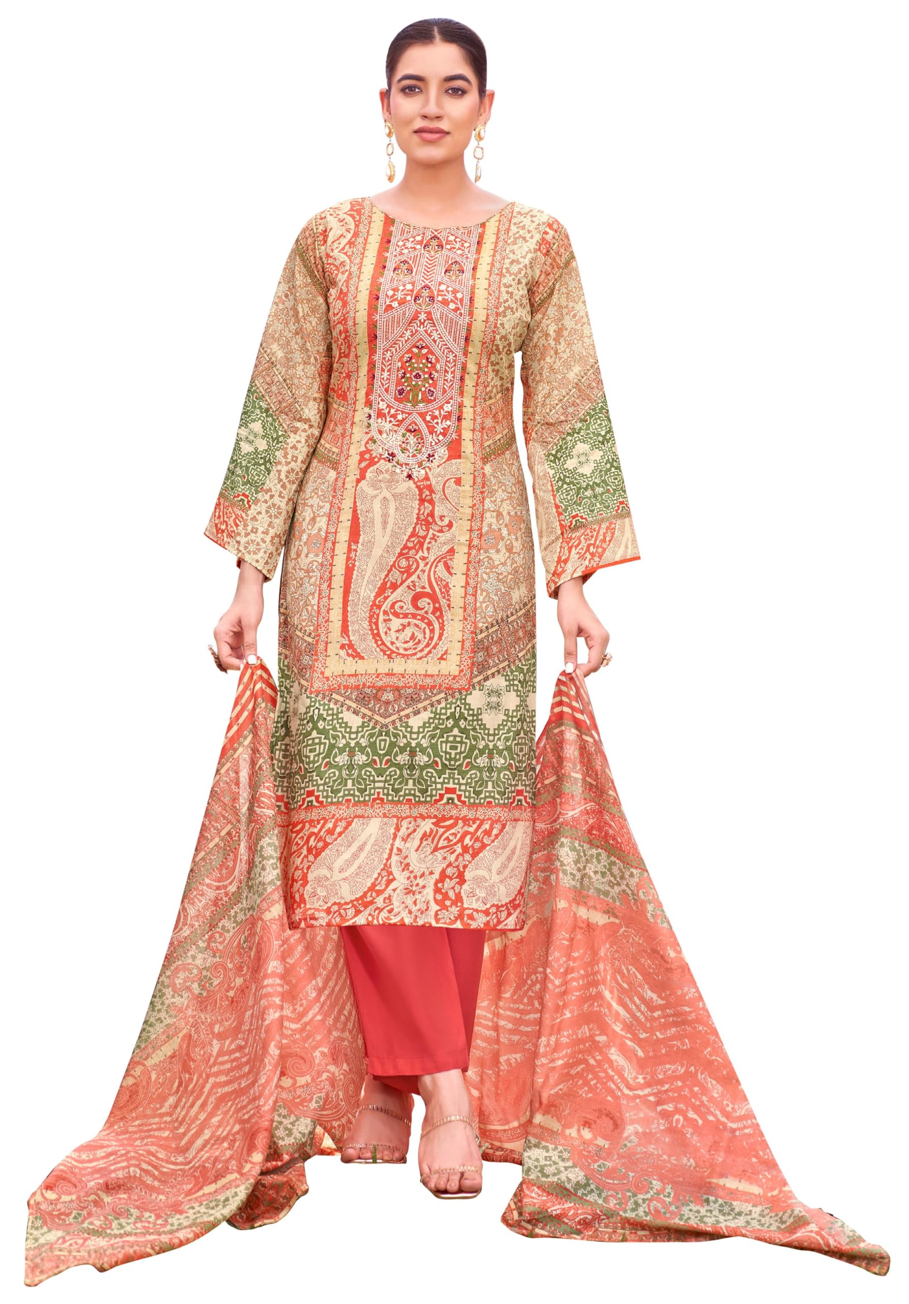 DRAVINAM Trends Women's Unstitched Salwar Suit Dress Material - Cotton Digital Printed Organza Embroidered Kameez II Unstitch Bottoms II Cotton Dupatta