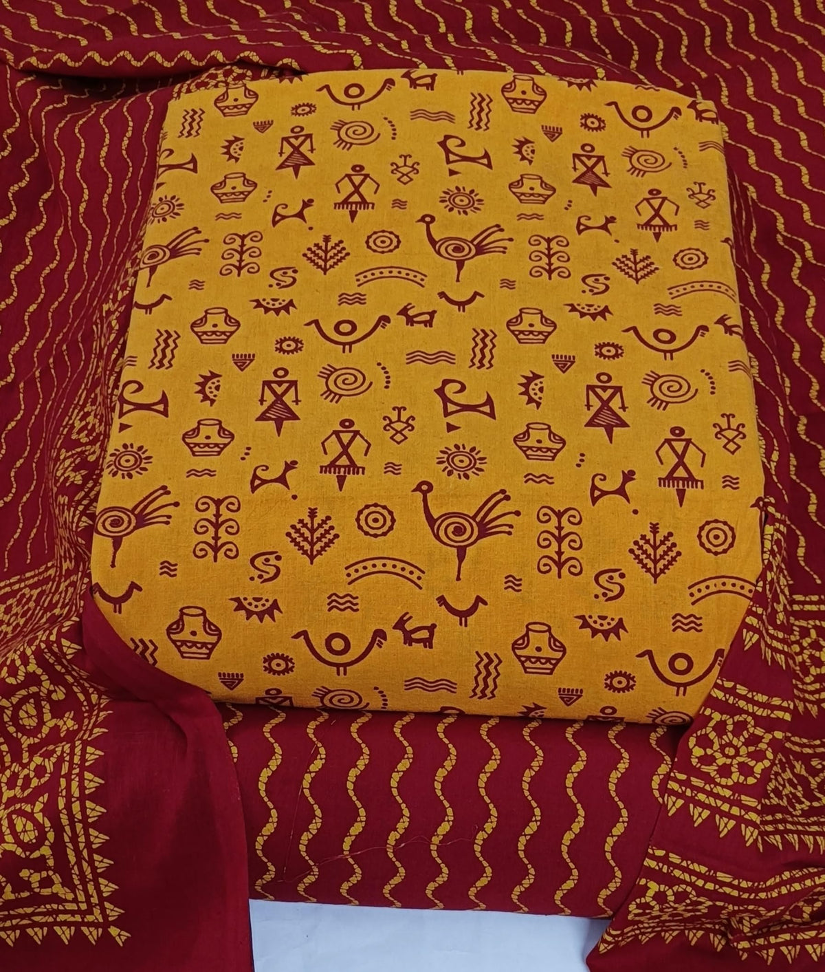 DRAVINAM Trends Women's Premium Cotton Unstitched Salwar Suit Dress Material Set | Traditional Rajasthani Gujari Block Print (Red & Mustard Yellow)