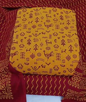 DRAVINAM Trends Women's Premium Cotton Unstitched Salwar Suit Dress Material Set | Traditional Rajasthani Gujari Block Print (Red & Mustard Yellow)