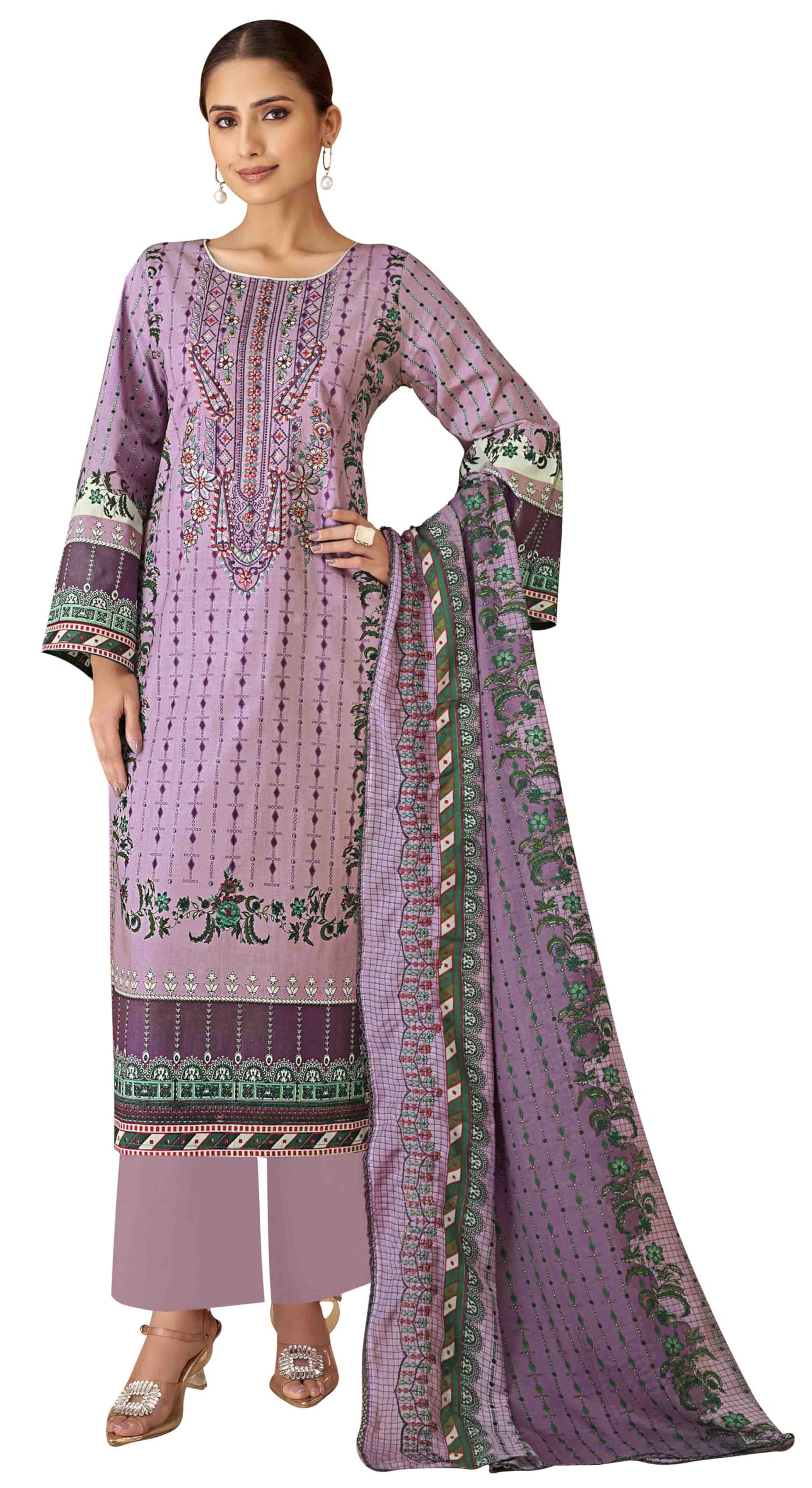 DRAVINAM Trends Unstitched Cotton Suit Dress Material Set: Pakistani Print Top Fabric with Embroidery | Customizable Solid Bottoms | Cotton Fancy Dupatta