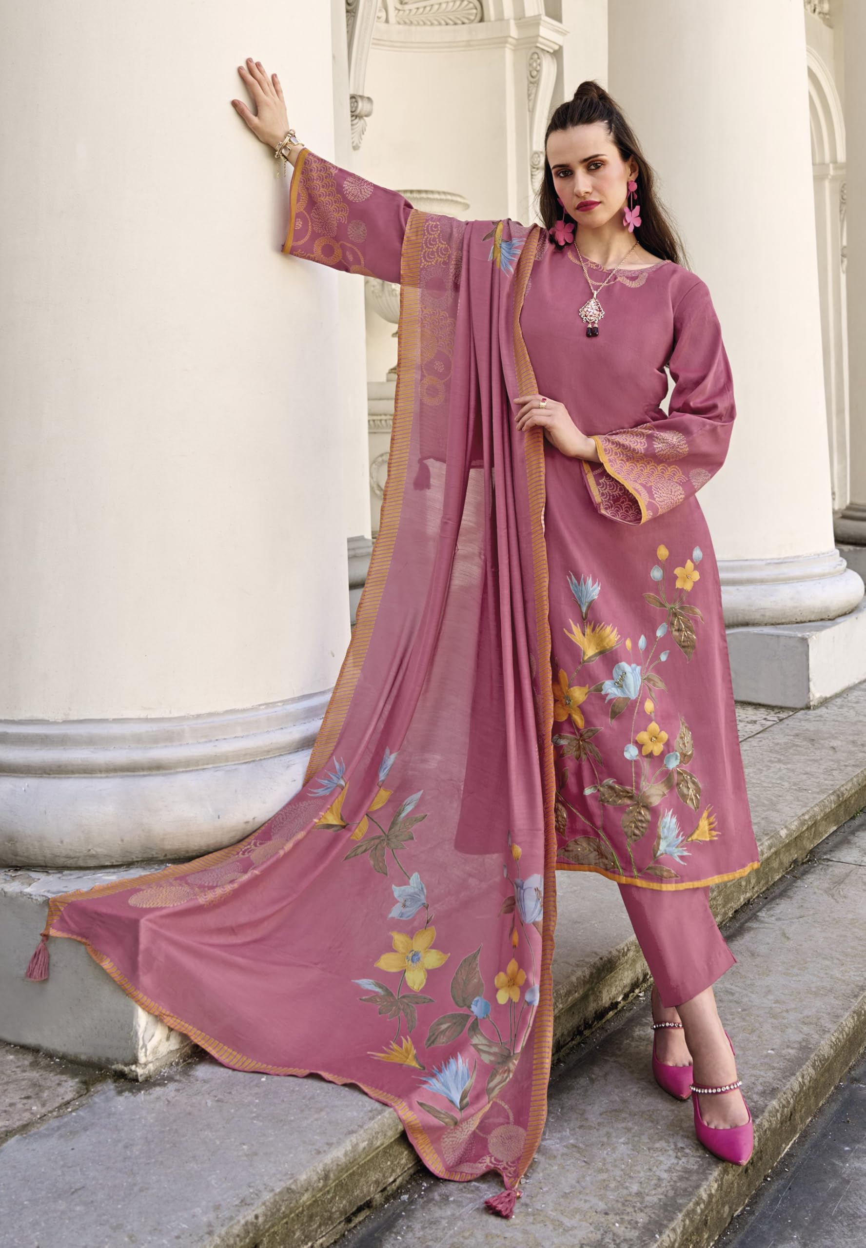 DRAVINAM Trends Women's Unstitched Salwar Suit Dress Material II Pure Jaam Silk Digital Print Hand Embroidered Kameez II Plain Unstitched Bottoms II Maslin Zari Bordered Dupatta