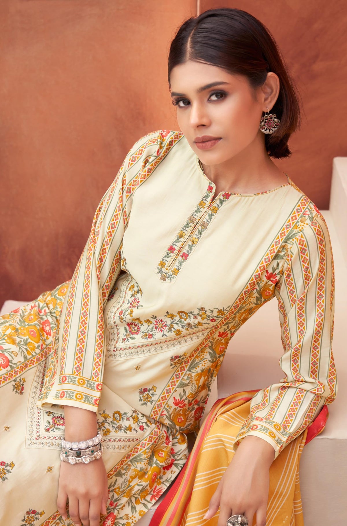 DRAVINAM Trends Women's Unstitched Masline Embroidered Suit Material - Viscose Maslin Embroidered Printed Shirt II Maslin Bottoms II Maslin Digital Printed Dupatta
