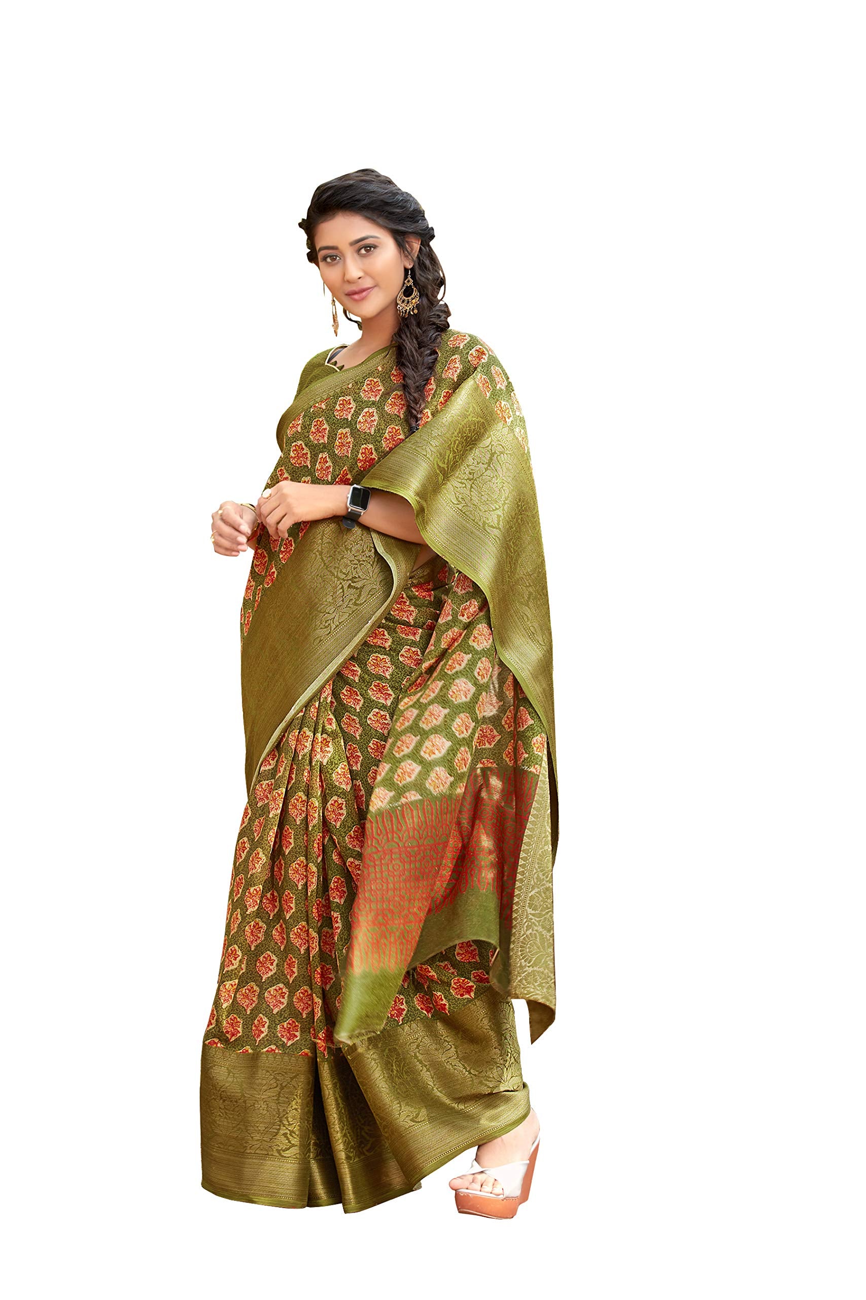 DRAVINAM Trends Women's Cotton Linen Jacquard Woven Broad Border Pattu Saree with Blouse Piece (Pattu SareeSRMN_41_Green)
