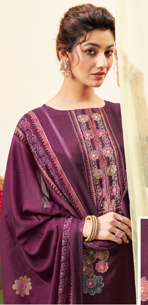 DRAVINAM Trends Unstitch Premium Viscose Bemberg Maslin Suit Dress Material II Pure Maslin Top Fabric with Aari work & Swaroski Detailing I Viscose Rayon Bottom I Digital Printed Maslin Dupatta