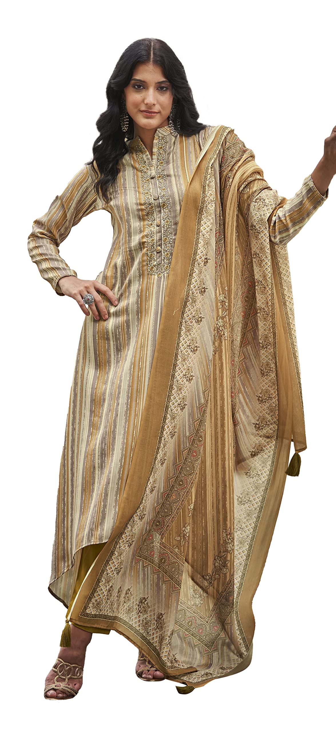 DRAVINAM Trends Women's Pure Pashmina wool Digital Print Fancy Embroidery Work Warm Salwar Kameez Dress Material with Pure Woollen Pashmina Printed Woven Shawl Dupatta (Beige)