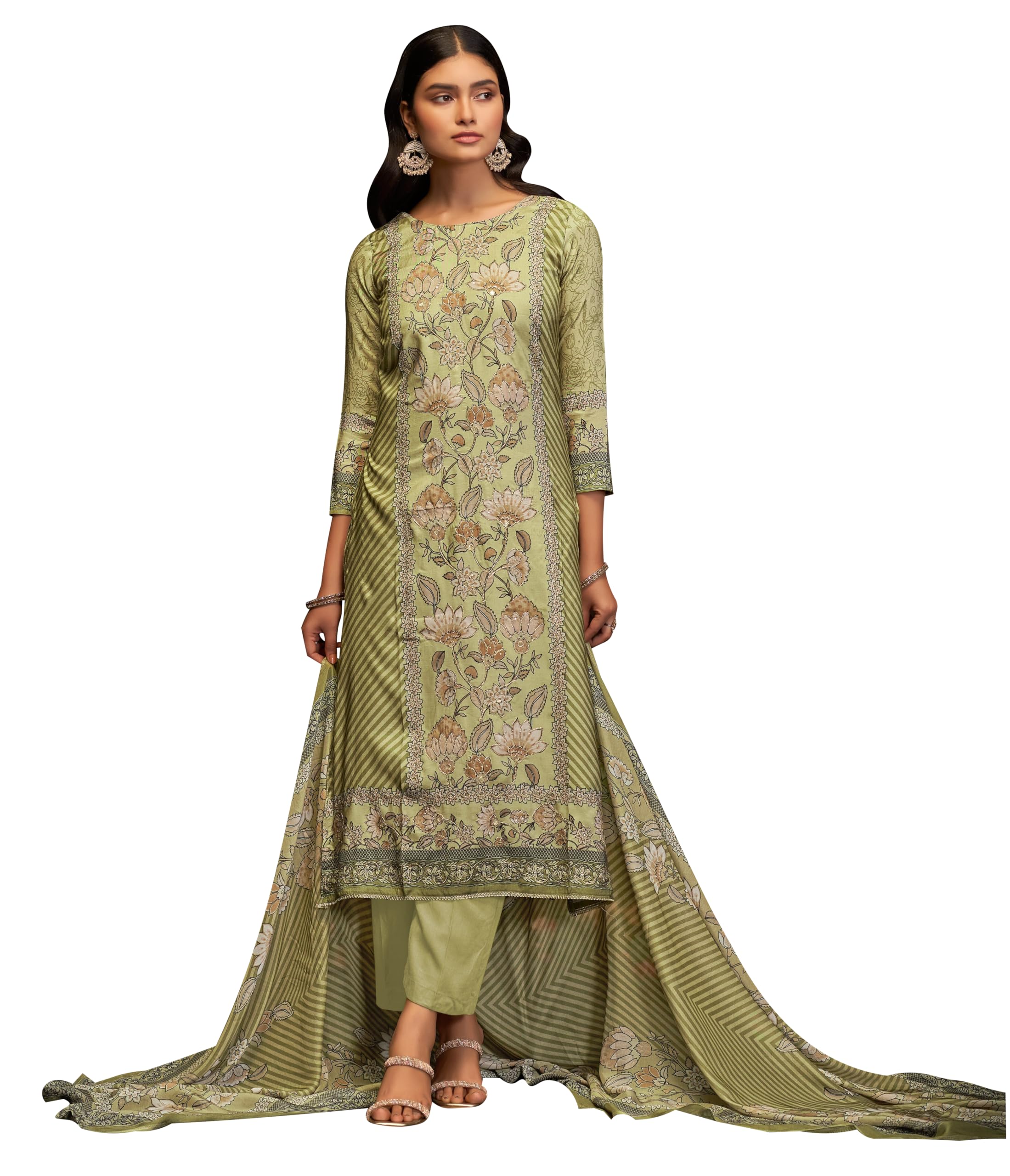 DRAVINAM Trends Women's Unstitched Maslin Salwar Suit Dress Material - Pure Bemberg Maslin Aari Work Kameez II Rayon Unstitch Bottoms II Viscose Maslin Digital Prints Dupatta