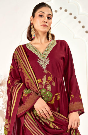 DRAVINAM Trends Women's Winter Wear Unstitched Digital Floral Printed Heavy Neck Embroidered Viscose Pashmina Woollen Salwar Suit Dress Material with Pashmina Digital Printed Brasso Shawl Dupatta