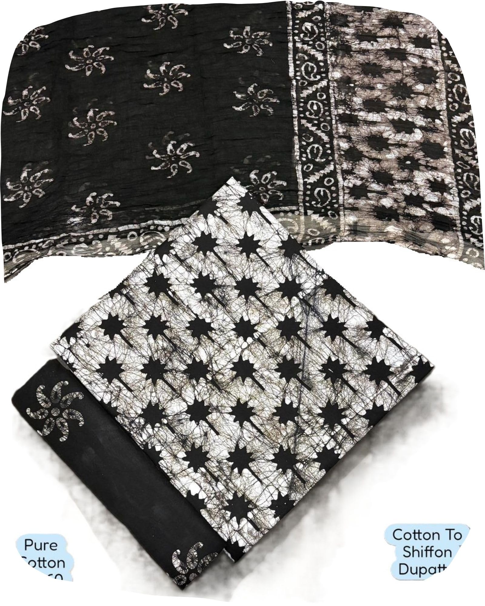 Unstitched Jaipuri Handmade Wax Batik Print Soft Cotton Dress Material with Chiffon Dupatta