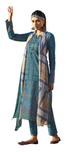 DRAVINAM Trends Women's Unstitched Digital Floral Printed Embroidered Cotton Casual Wear Salwar Suits For Women with Nazneen Chiffon Chunni/Dupatta (Blue)