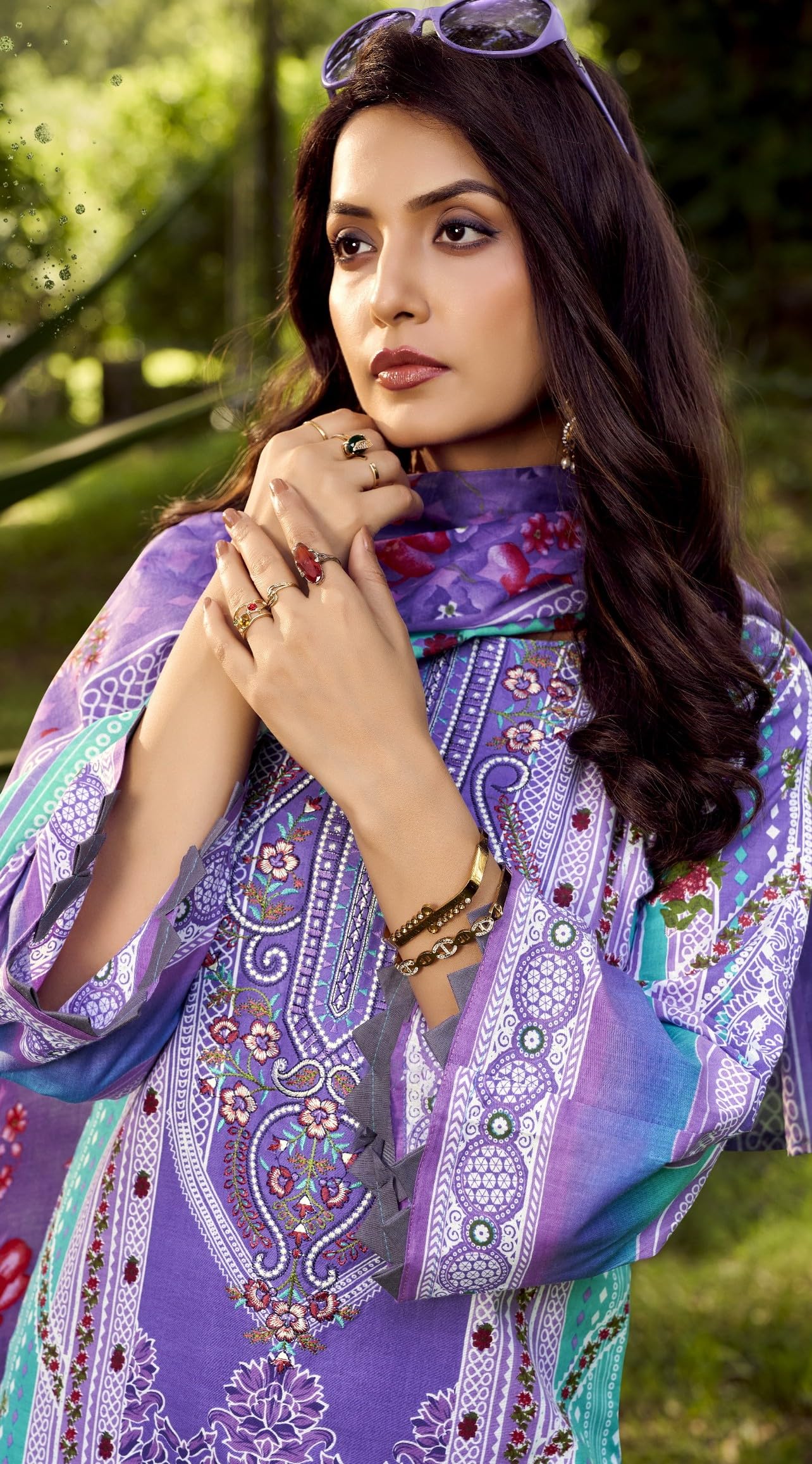 DRAVINAM Trends Women's Unstitched Cotton Suit Dress Material -Embroidered Digital Print Top II Plain Bottoms II Digital Print Dupatta