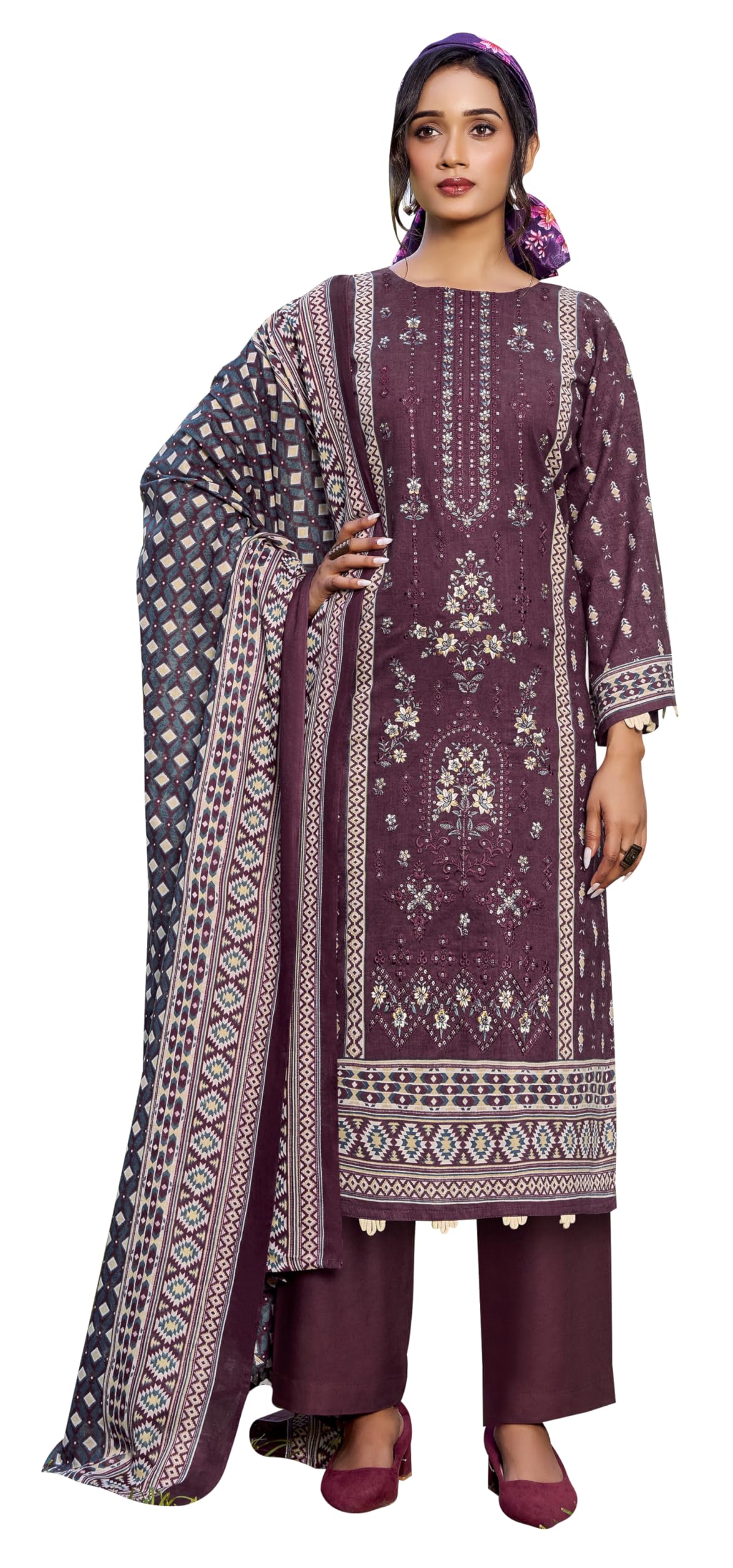 DRAVINAM Trends Unstitched Karachi Lawn Cotton Pakistani Digital Printed Embroidered Suit Dress Material with Unstitched Bottoms and Cotton Dupatta