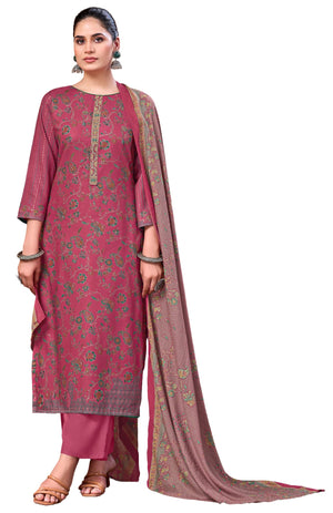 DRAVINAM Trends Women's Winter Wear Unstitched Discharge Print Hand Work Neck Embroidered Woollen Viscose Pashmina Salwar Suit Dress Material with Pashmina Printed Shawl Dupatta