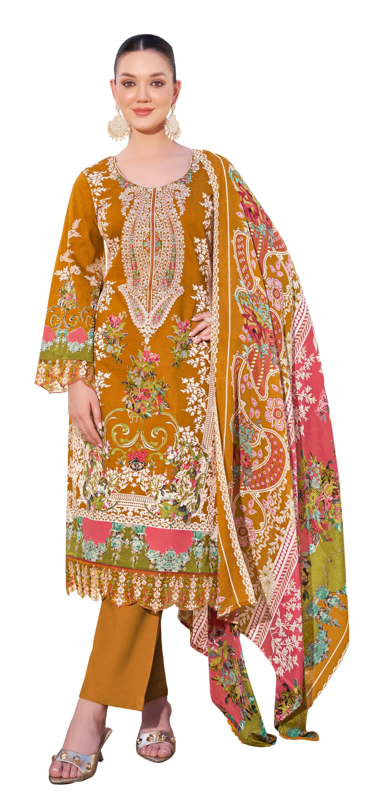 DRAVINAM Trends Women's Unstitched Salwar Suit Dress Material - Pure Cambric Cotton Pakistani Print Embroidered Kameez II Pure Cotton Bottoms II Pure Cotton Dupatta