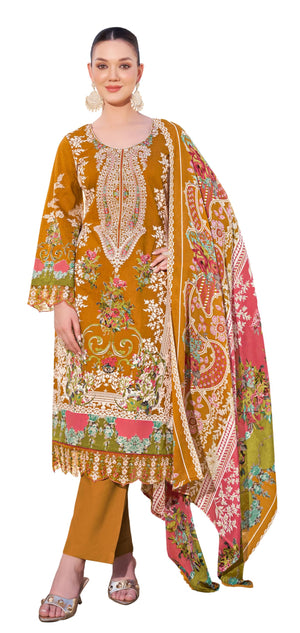 DRAVINAM Trends Women's Unstitched Salwar Suit Dress Material - Pure Cambric Cotton Pakistani Print Embroidered Kameez II Pure Cotton Bottoms II Pure Cotton Dupatta
