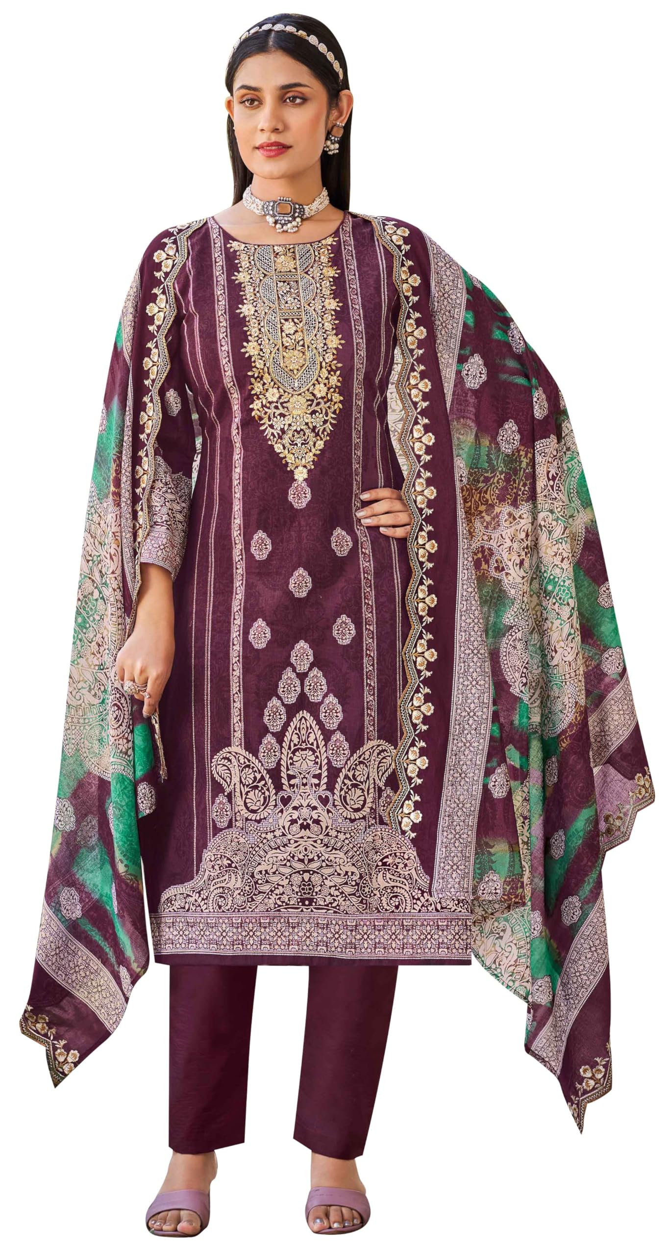 DRAVINAM Trends Women's Unstitched Salwar Suit Dress Material - Cotton Digital Printed Organza Embroidered Kameez II Unstitch Bottoms II Cotton Dupatta