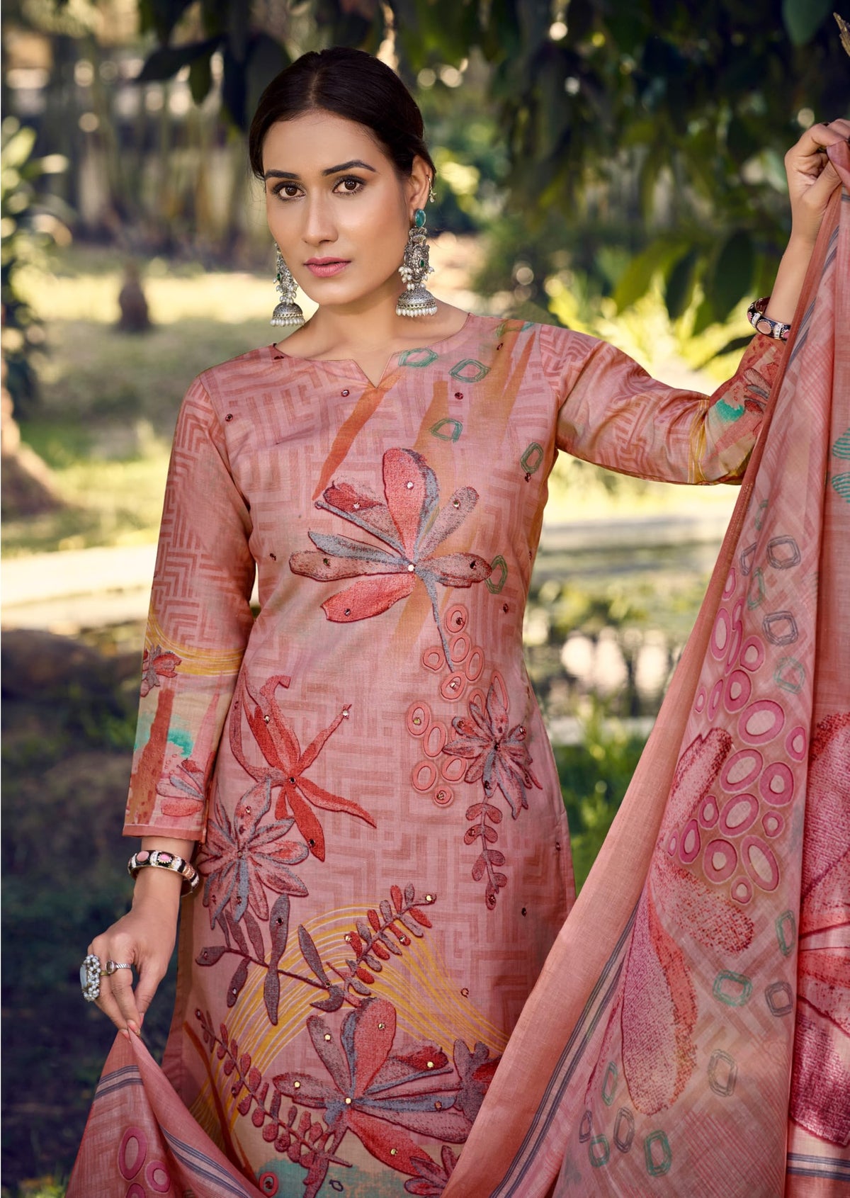 DRAVINAM Trends Women's Unstitched Salwar Suit Dress Material - Cotton Digital Printed Organza Embroidered Kameez II Unstitch Bottoms II Cotton Dupatta