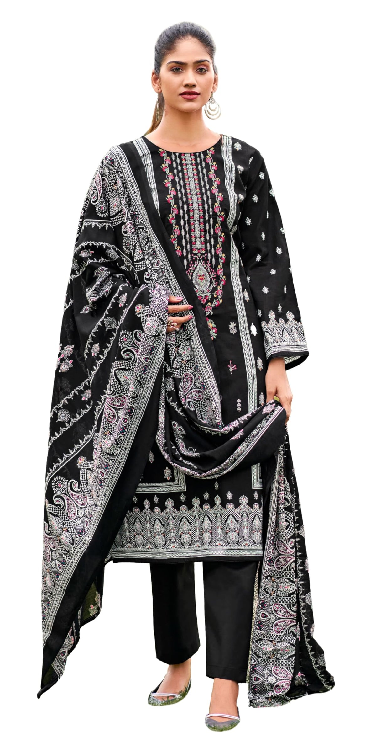 DRAVINAM Trends Women's Pakistani Print Embroidered Unstitcehd Pure Cambric Cotton Salwar Suit Dress Materials with Pure Cotton Printed Dupatta