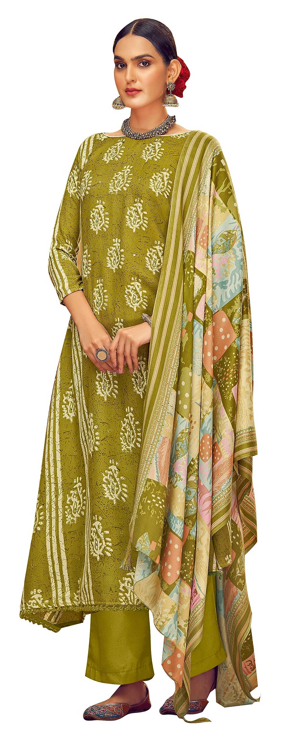 DRAVINAM Trends Women's Unstitched Kaani Print Woollen Pashmina Mirror work Salwar Suit Dress Material with Pashmina Printed Shawl Dupatta (Free Size)