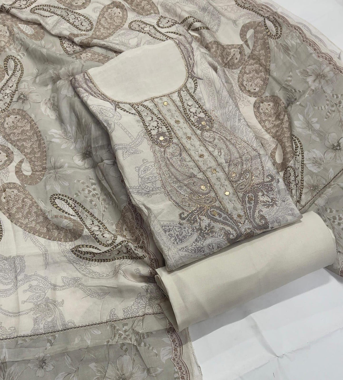DRAVINAM Trends Women's Elegant Taupe & Off-White Embroidered Pure Muslin Dress Material with Printed Dupatta